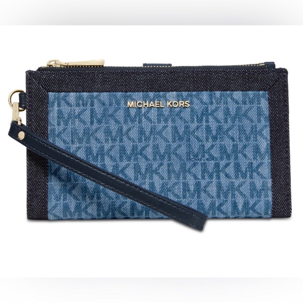 πMichael Kors Signature Denim Double Zip Wristlet Clutch Wallet - Picture 3 of 12